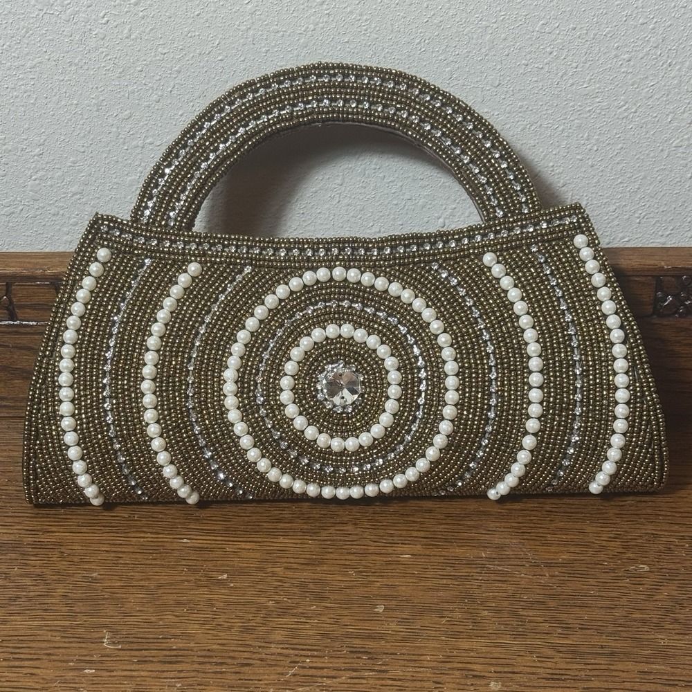 Beaded Evening Handbag Bronze Faux Pearl Rhinestone Top Handle Purse